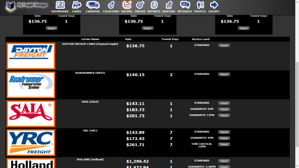 screenshot of My Freight Manager